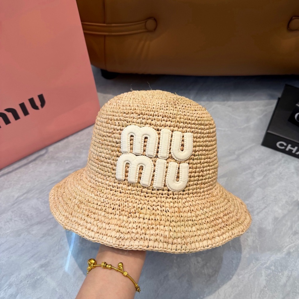 Miu Miu Beige Straw Bucket Hat with Raised Logo